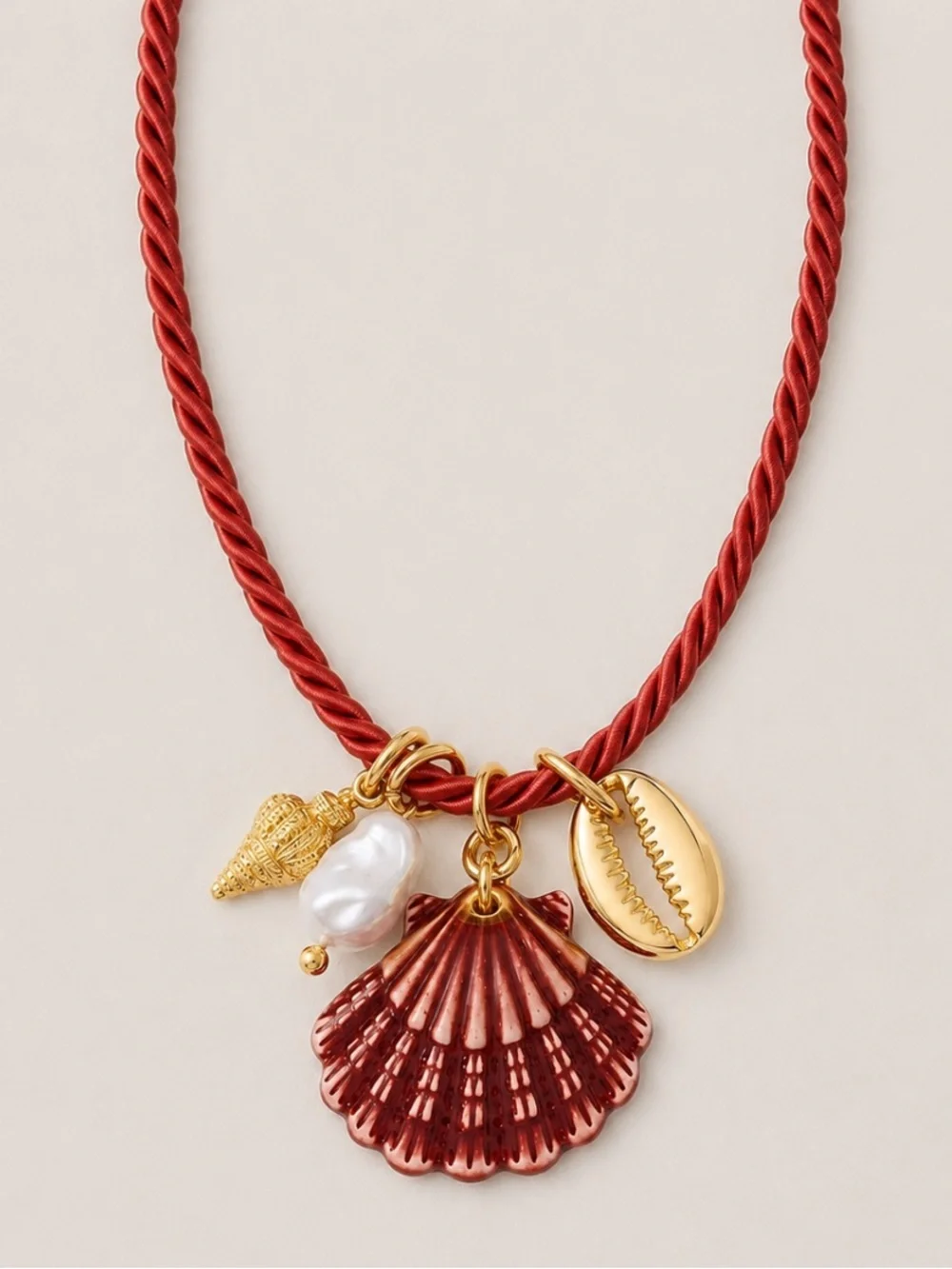 New! Coastal Red Cord Shell Pearl Charm Necklace NWOT 5002